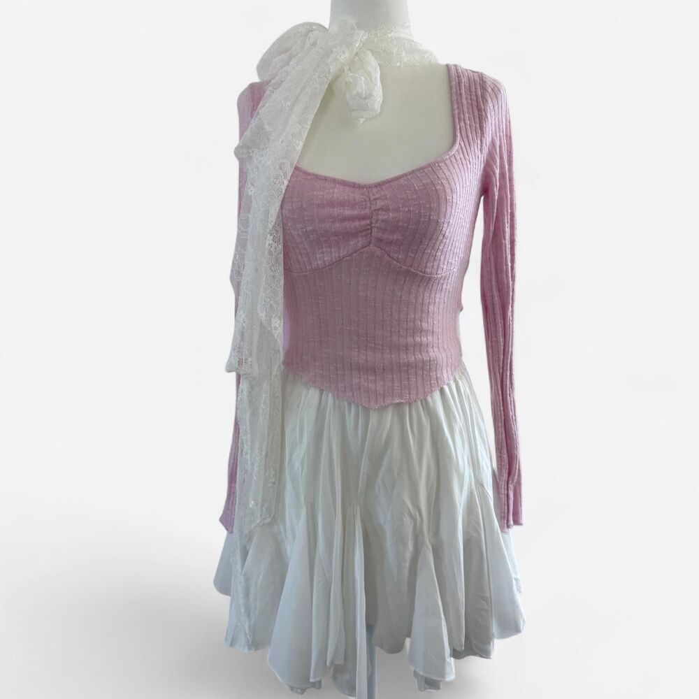 Fairycore Himekaji Shoujo Pink ribbed knit long sleeve top ruched front detail